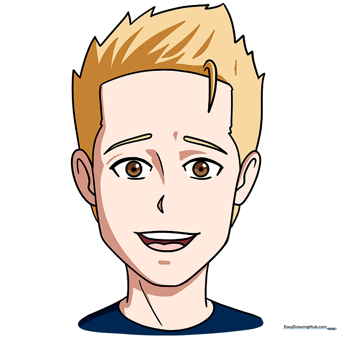 Finished drawing of a smiling anime boy with vibrant hair color and shading.