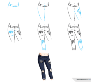 A colorful, finished illustration of a character wearing stylish ripped anime jeans.