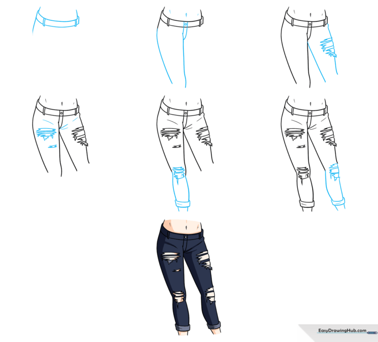 A colorful, finished illustration of a character wearing stylish ripped anime jeans.