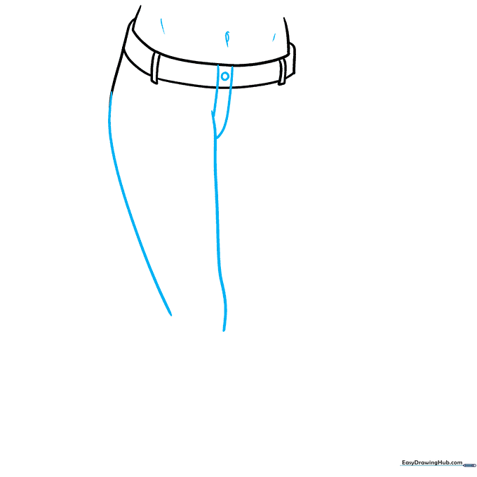 Drawing the hip structure and zipper detail for anime jeans.