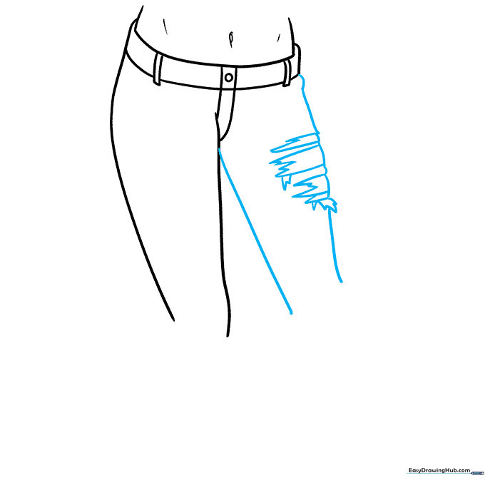Adding jagged zigzag shapes to the thigh area to represent holes in the denim.