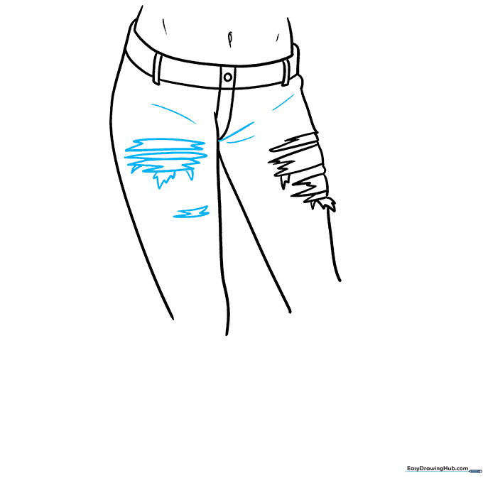 Sketching additional tears on the second leg and refining the crotch area.
