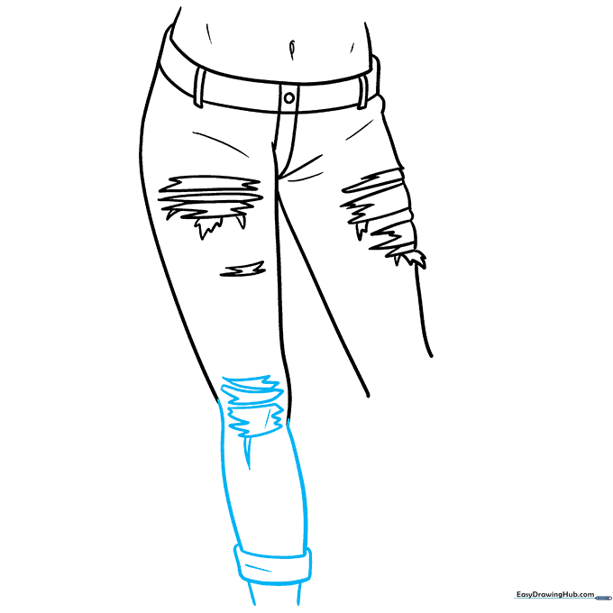 Adding rolled cuffs at the ankles and defining the knee tears.