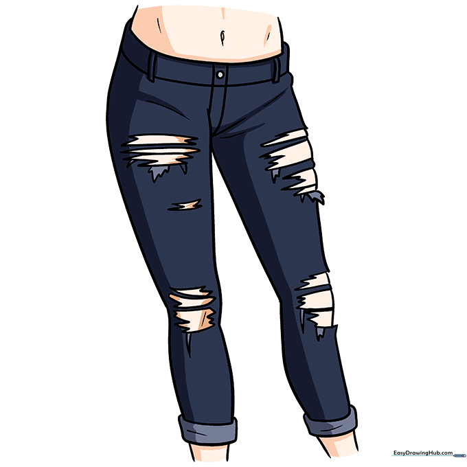 Finished drawing of anime jeans colored in blue with shading to show depth.