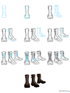 A collection of various anime-style boots and shoes, showcasing different perspectives and designs.