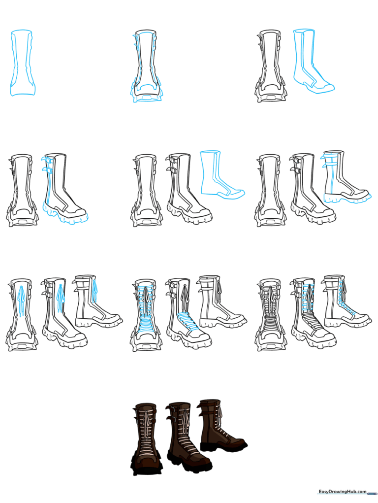A collection of various anime-style boots and shoes, showcasing different perspectives and designs.