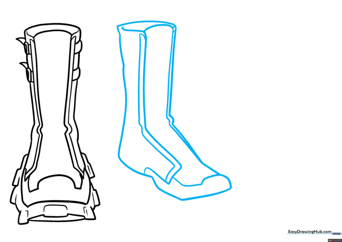 Drawing a second anime boot from a 3/4 side perspective to show depth.