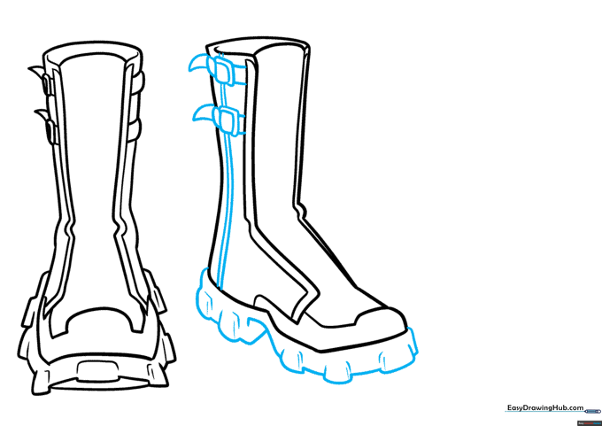 Adding buckle and sole details to the 3/4 perspective anime boot.