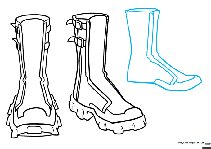 Outlining the side profile of an anime boot with a focus on the heel and arch.