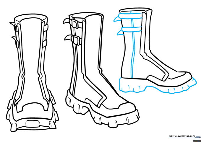 Adding buckles and sole tread to the side-profile anime boot.