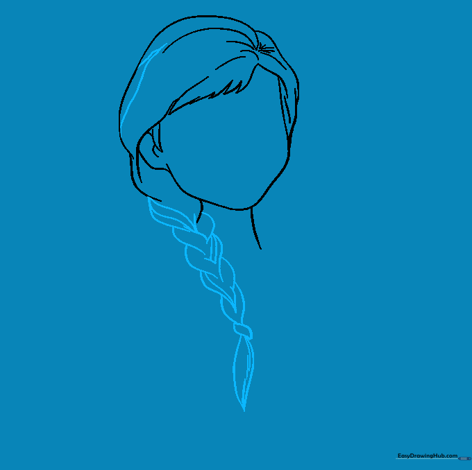 Detailed sketch of Anna's braided hair with barrette and pointed end.