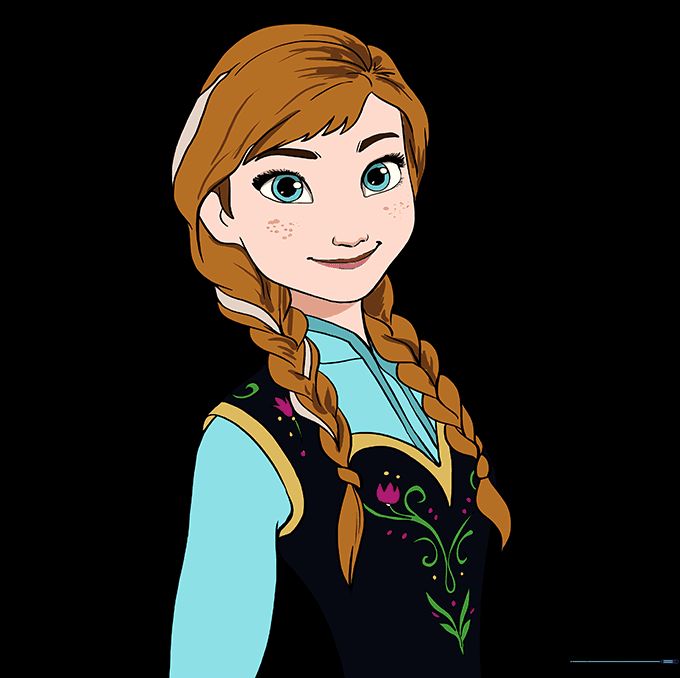 The completed, colored drawing of Anna from Frozen.