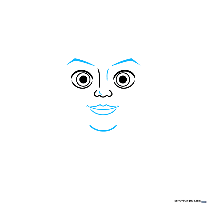 Drawing the nose, mouth, and eyebrows using geometric shapes and curved lines.