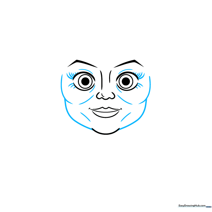 Adding depth to the eyes and cheekbones with curved lines and dashes.