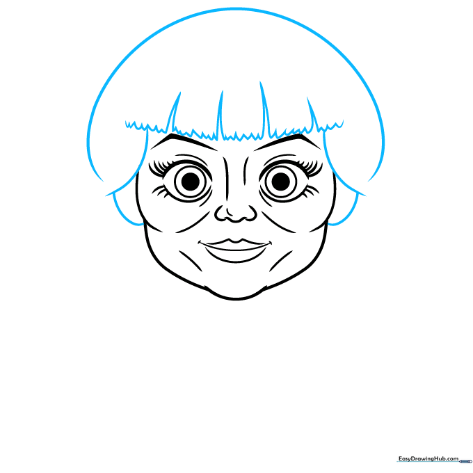 Outlining the head shape and adding hair texture with small triangles.