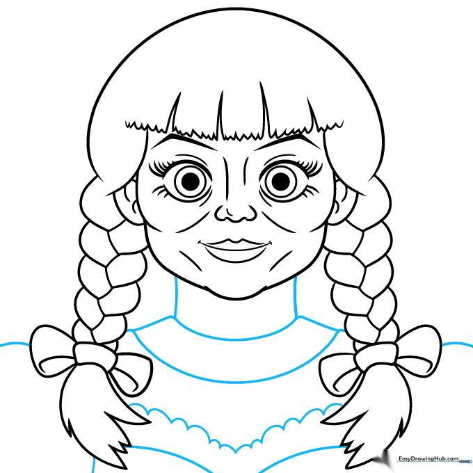 Drawing the neck, shoulders, and the ruffled collar of the dress.