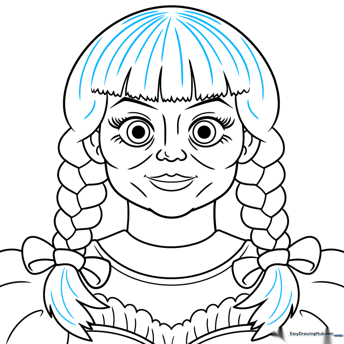 Finalizing the drawing with ink outlines and filling in the eyes and eyebrows.