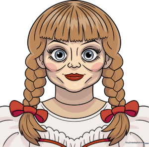 Finished colored drawing of Annabelle from The Conjuring, showcasing her iconic doll features.