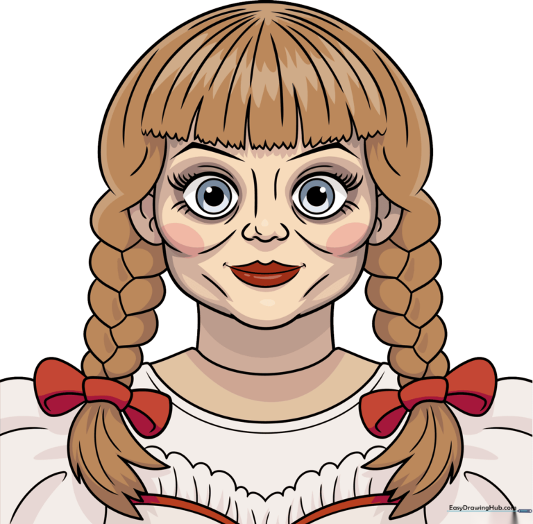 Finished colored drawing of Annabelle from The Conjuring, showcasing her iconic doll features.