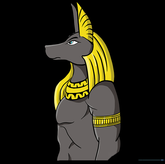 The completed Anubis drawing, colored with dark tones and bright gold accents.