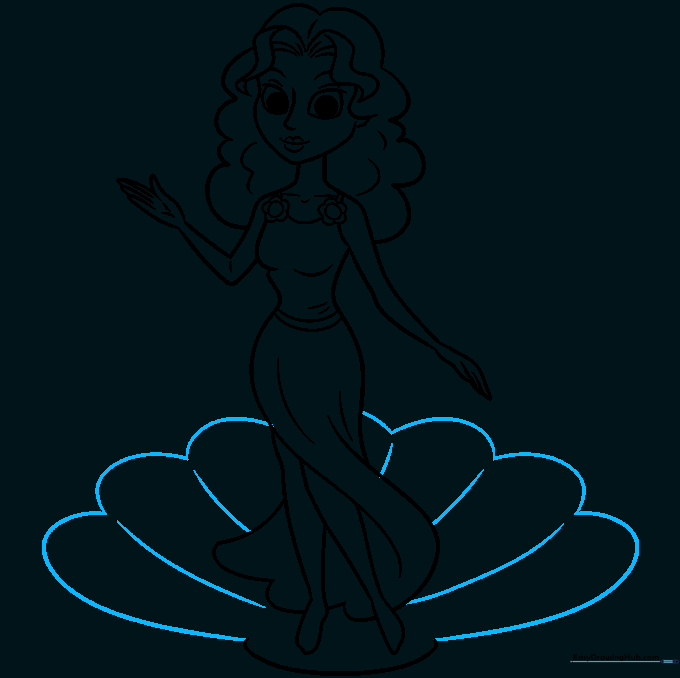 Drawing a large seashell base for Aphrodite to stand on.