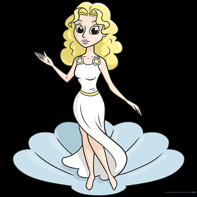 Final colored illustration of Aphrodite standing on a seashell.