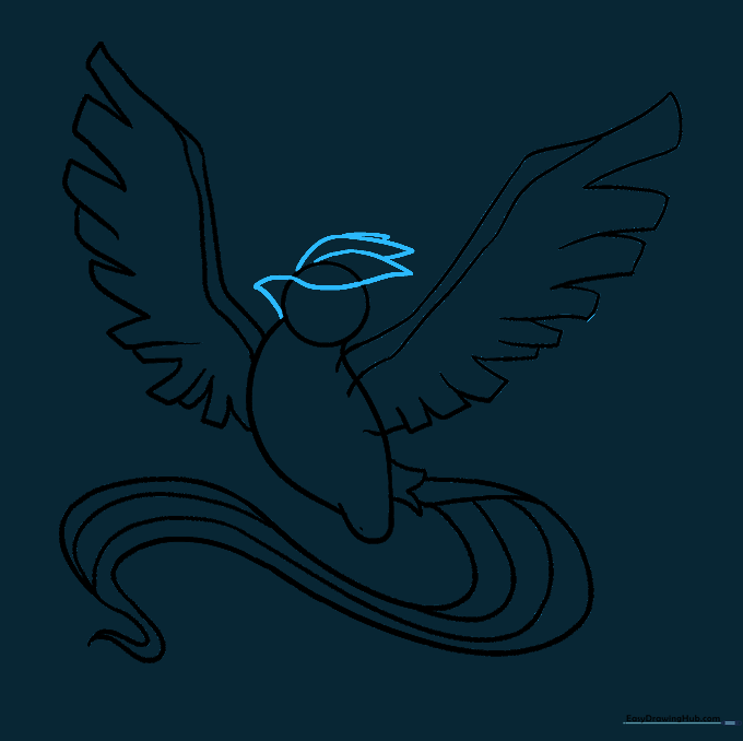 Adding the sharp beak and the iconic feathered crest on the head.