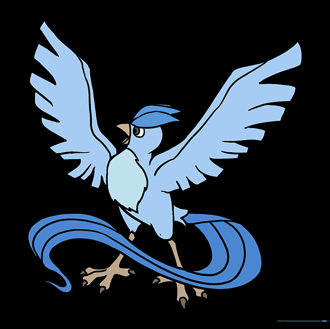The finished Articuno drawing colored in shades of blue.