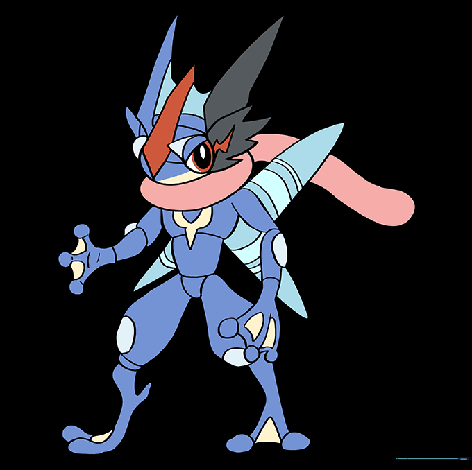 The final colored Ash-Greninja drawing with blue, red, and black details.
