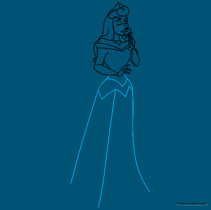 Sketching the full gown silhouette with skirt details.