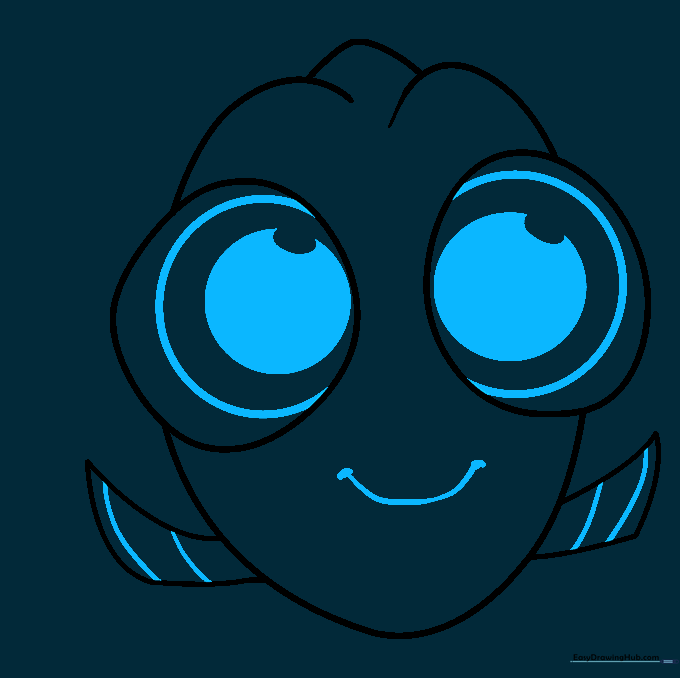 Adding pupils, a smile, and fin details to the drawing.