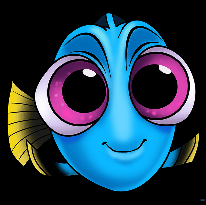 The final colored drawing of Baby Dory with blue body and yellow fins.