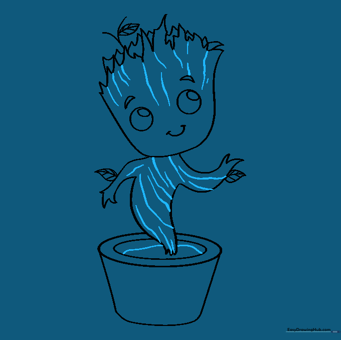 Adding soil lines and bark texture marks across Groot's body.