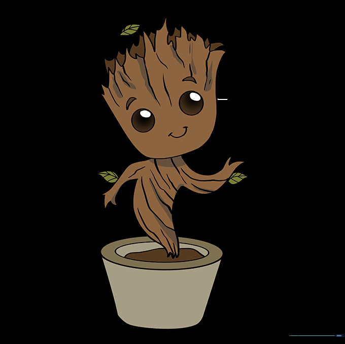 The finished Baby Groot drawing colored with brown bark and green leaves.