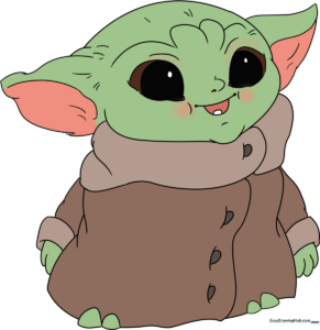 A vibrant, finished illustration of Baby Yoda from The Mandalorian, showcasing the final result of the drawing tutorial.