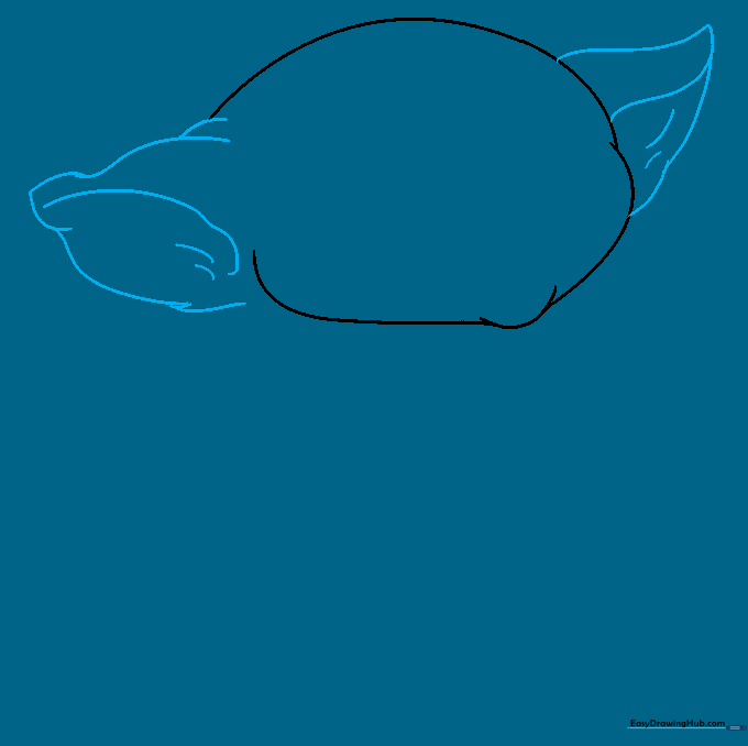 Drawing the large, pointed ears of Baby Yoda extending from the head.