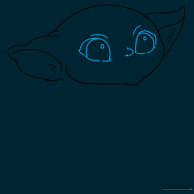 Detailed sketch showing the large eyes, pupils, and small nose of the character.