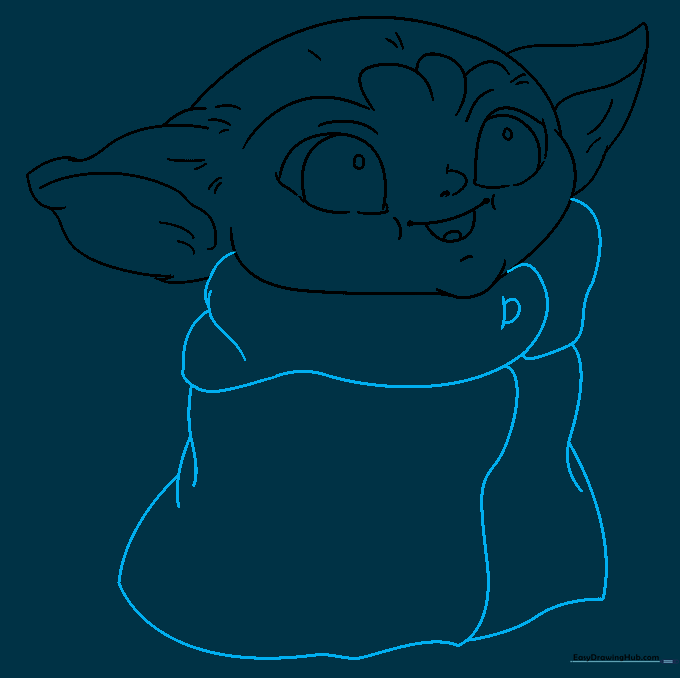 Drawing the simple robes and collar detail of the character's outfit.