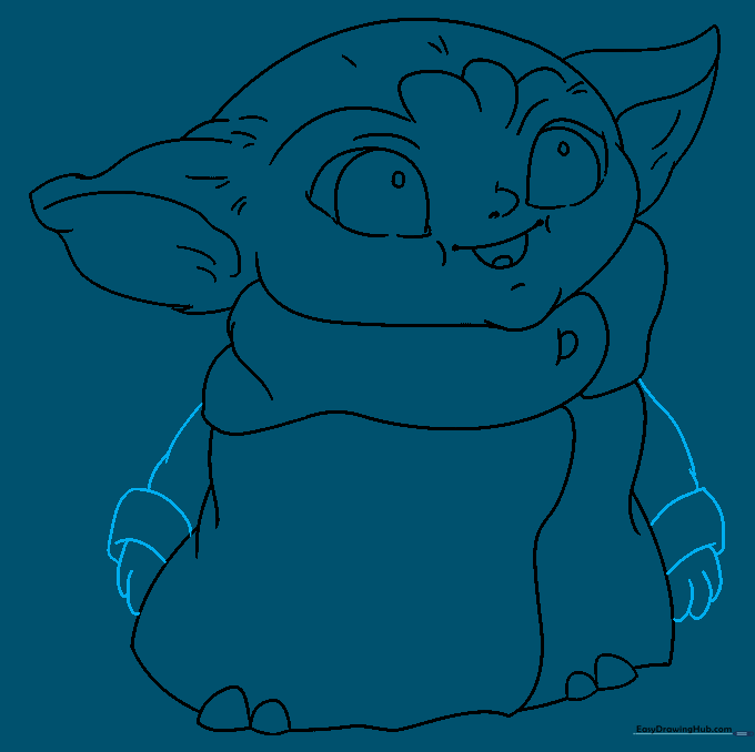 Sketching the small arms and hands reaching out from the robe sleeves.