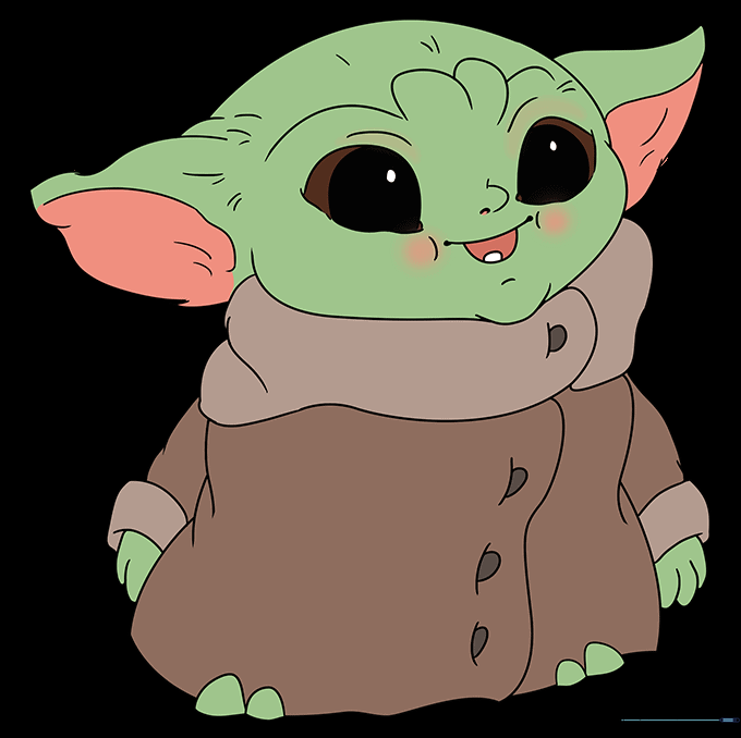 The final colored drawing of Baby Yoda showing green skin and tan robes.