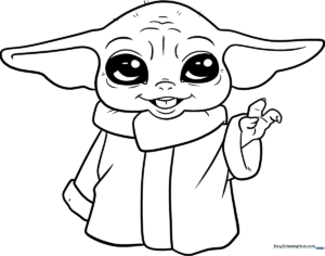 A friendly, finished illustration of Baby Yoda, perfect for Star Wars fans to recreate.