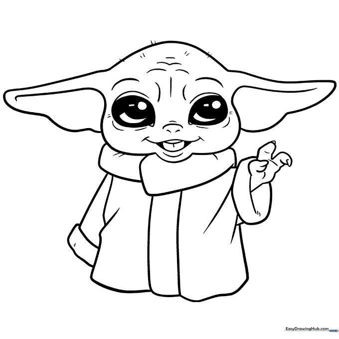 The completed Baby Yoda drawing, ready for coloring or shading.