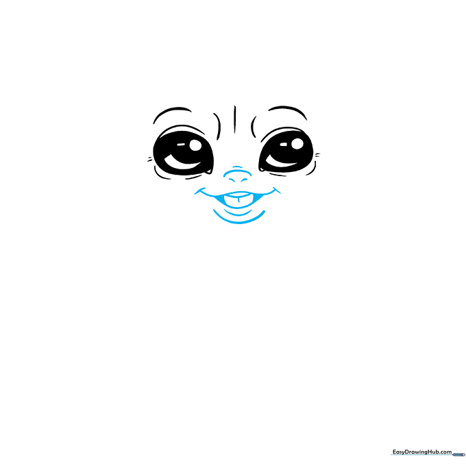 Detailed sketch of Baby Yoda's nose, smiling mouth, and chin structure.