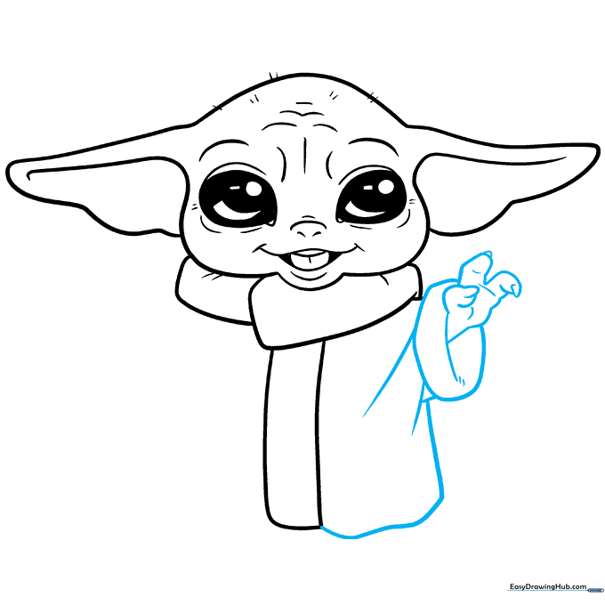 Drawing the sleeve cuff and the small, three-fingered hand.