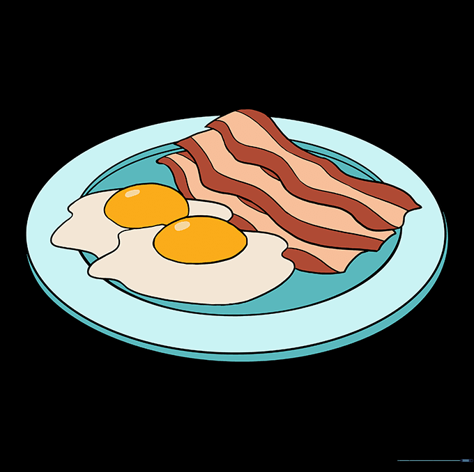 The finished, colored drawing of bacon and eggs on a plate.