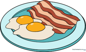A vibrant, finished illustration of a plate of bacon and eggs.