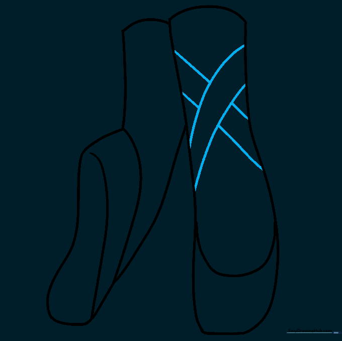 Pencil sketch showing parallel lines drawn across the ankle to represent ballet ribbons.