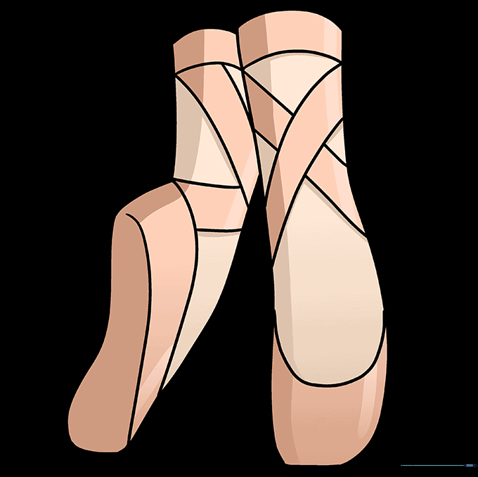Finished, colored illustration of ballet shoes in soft pink tones.