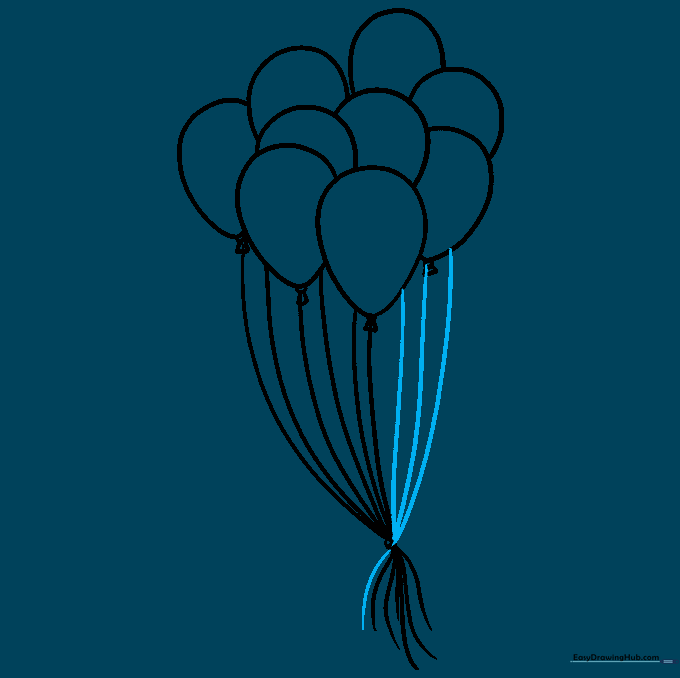 The completed line art of a bunch of balloons with all strings attached.