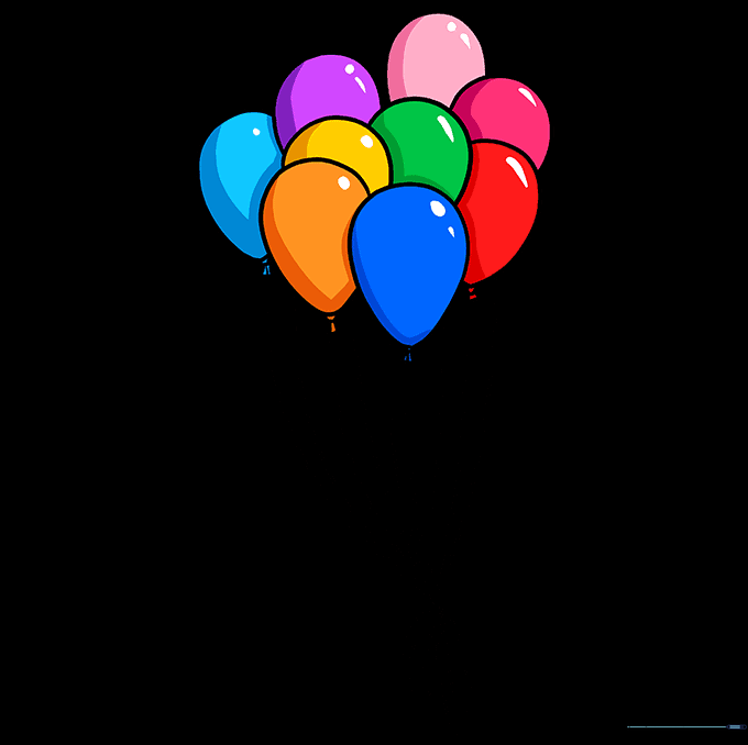 A colorful, finished drawing of a bunch of balloons.